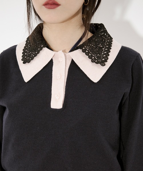 Ezick ニット セーター 2WAY lace collar バイカラーポロニット