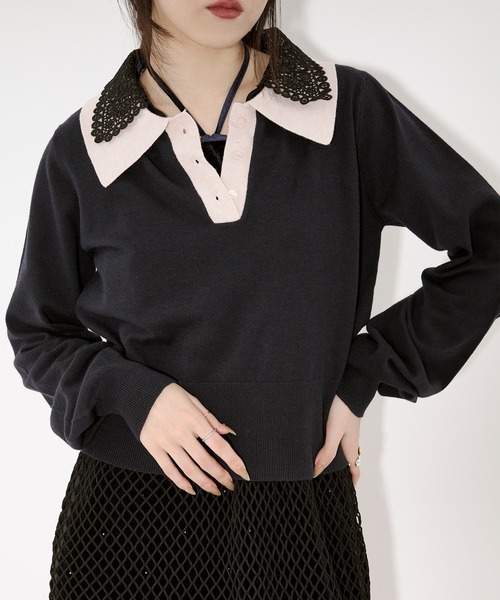 Ezick ニット セーター 2WAY lace collar バイカラーポロニット