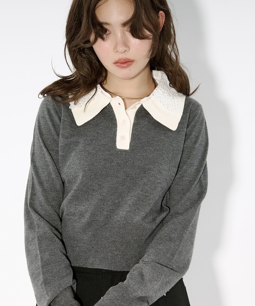 Ezick ニット セーター 2WAY lace collar バイカラーポロニット