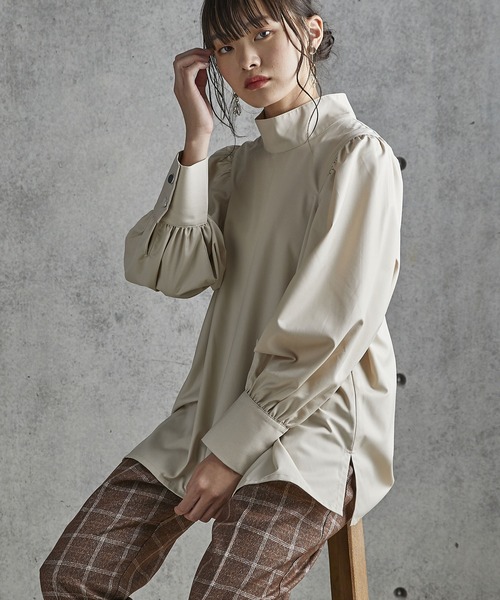 極美品*エストネーション コットンハイネックギャザーボリュームブラウス 日本製 極美品♪エストネーション コットンハイネックギャザー