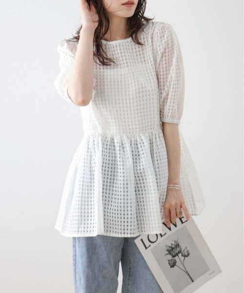 SUGAR BISKET tシャツ シアーチェックペプラムプルオーバー