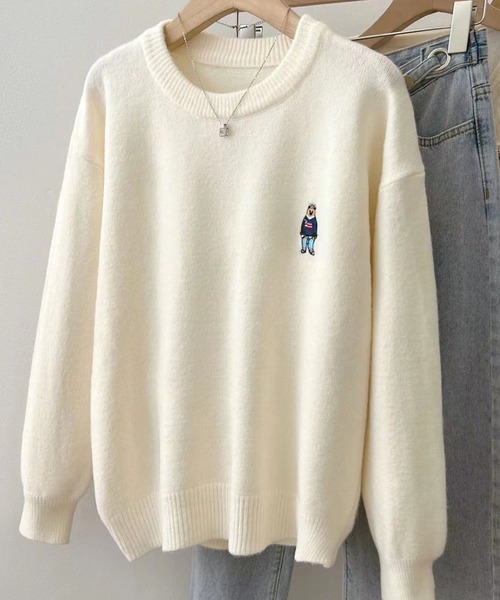 2ly2 ニット セーター クマ刺繍ラウンドネックソフトもちもちセーター