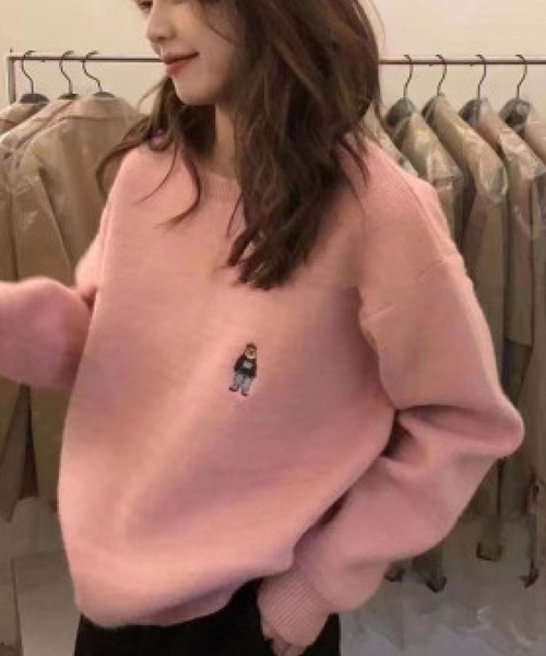 2ly2 ニット セーター クマ刺繍ラウンドネックソフトもちもちセーター