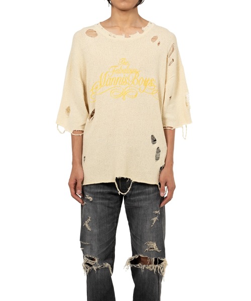 トップス Distressed Knit T-Shir kamiya KAMIYA Distressed Knit T-Shirt - Black