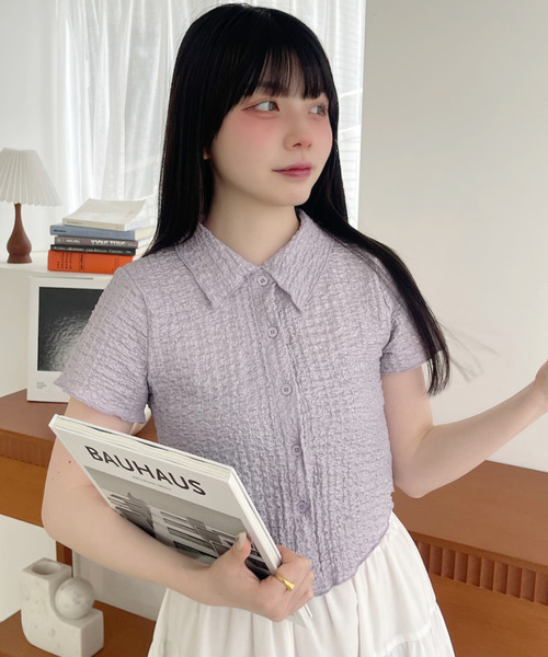 Ada. ブラウス シャツ 表面感 シアーサッカー クロップド コンパクト