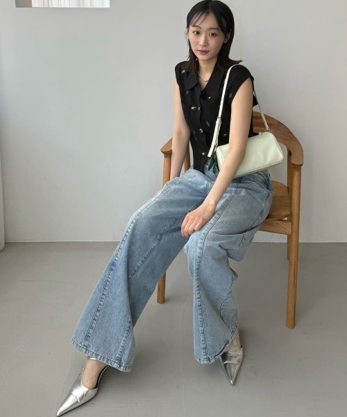 フレイアイディー アシメダブルウエストワイドデニムパンツ アシメダブルウエストワイドデニムパンツ(デニムパンツ)｜パンツ