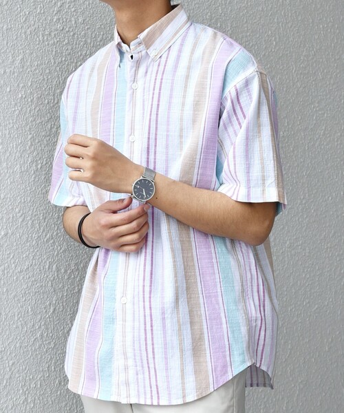 SHIPS any シャツ any: BEZ TEXTILE マルチカラー ストライプ/ソリッド