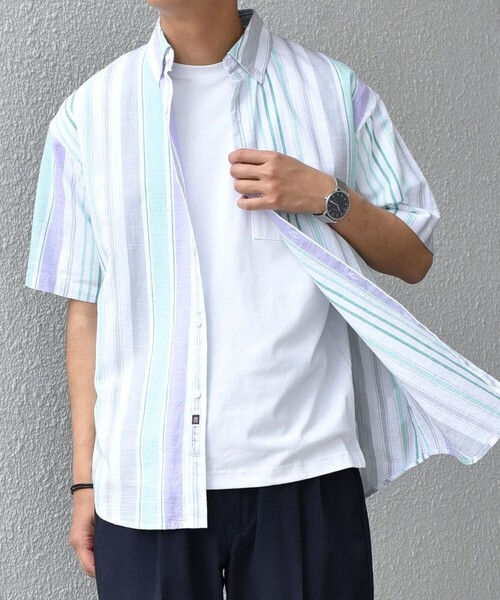 SHIPS any シャツ 半袖 any: BEZ TEXTILE マルチカラー ストライプ 