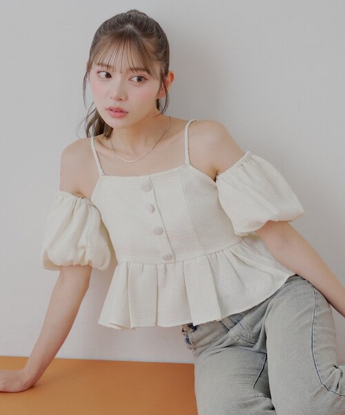 オフショルペプラムブラウス Chico ブラウス シャツ 「5色展開/マルチway」ツイード