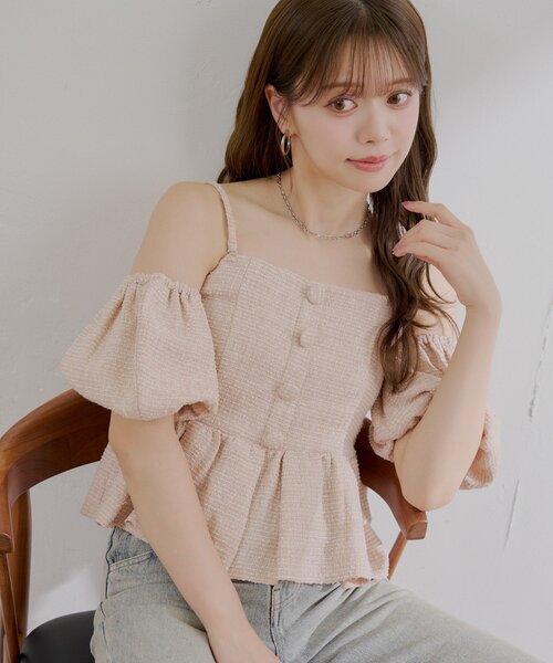 Chico ツイードオフショルペプラムブラウス Chico ブラウス シャツ 「5色展開/マルチway」ツイード