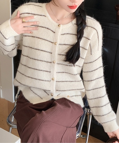 カーディガン ボーダーシャギーニットカーディガン レディース