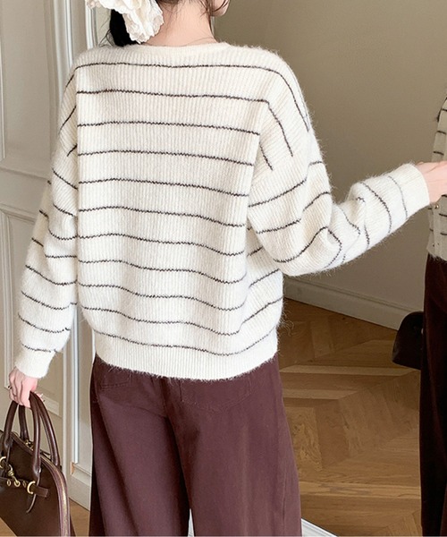 カーディガン ボーダーシャギーニットカーディガン レディース