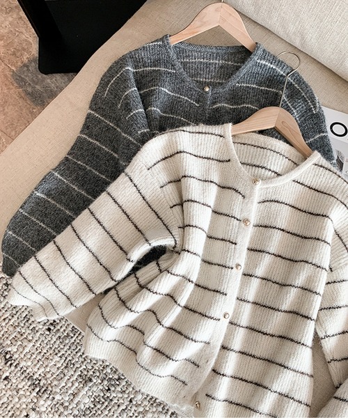 カーディガン ボーダーシャギーニットカーディガン レディース
