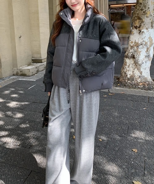 ダウンコート ダウンジャケット 異素材コンピ スタンドカラー