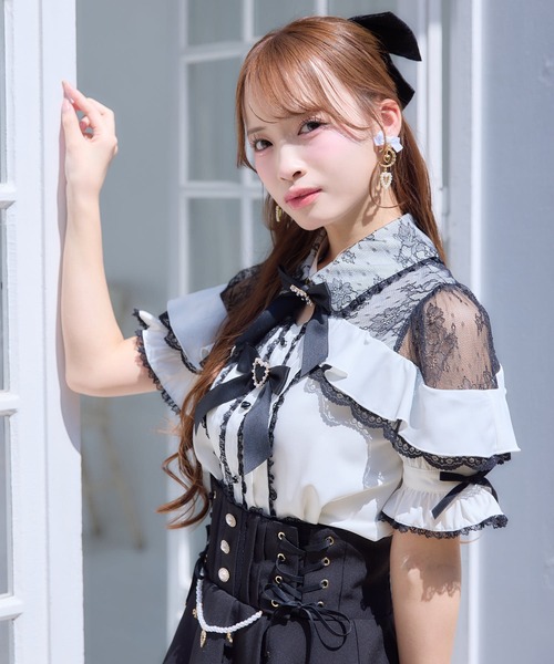 ミントグリーン レースフリル 半袖ブラウス ビスチェ風 姫カジ ロリータ ROJITA（ロジータ） ブラウス シャツ 半袖 レース切替ボリュームフリル
