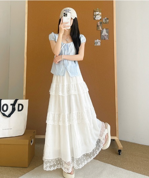 NoBelle ロング スカート 夏 シアーフリルレース ロングスカート