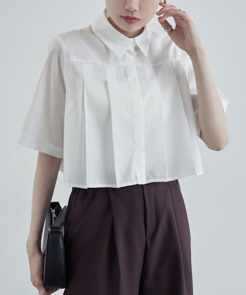 etoll.（エトル） ブラウス シャツ タックプリーツクロップドシャツ