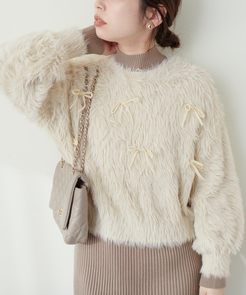 natural couture レディース ニット フェザーベロアリボンニット