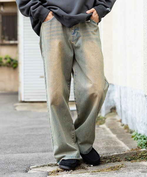 BEAMS HEART ジーンズ ブラスト ワイド ストレート デニム メンズ 