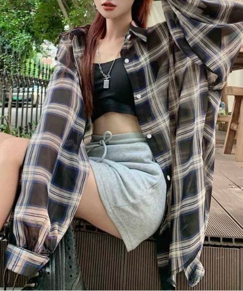 LADY LIKE（レディライク） ブラウス シャツ チェック柄ゆったりシアー