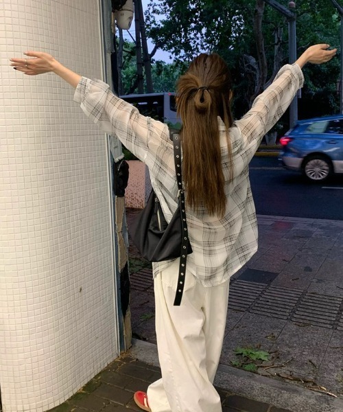 LADY LIKE ブラウス シャツ チェック柄ゆったりシアーシャツ