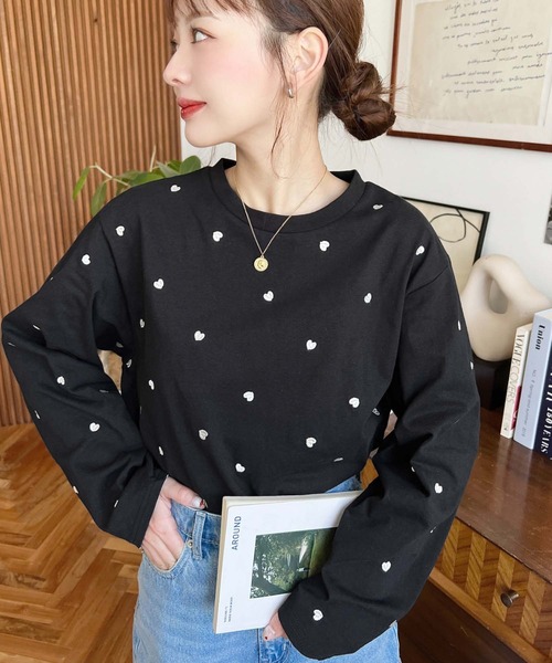 moment+ tシャツ 綿100%天竺. ハート刺繍ロングTシャツ レディース