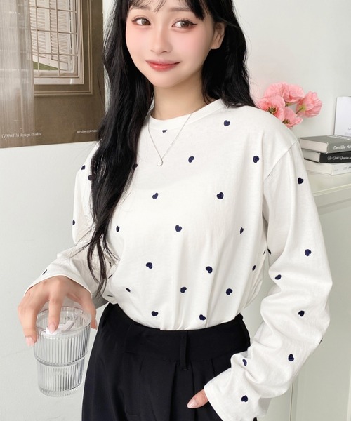 moment+ tシャツ 綿100%天竺. ハート刺繍ロングTシャツ レディース