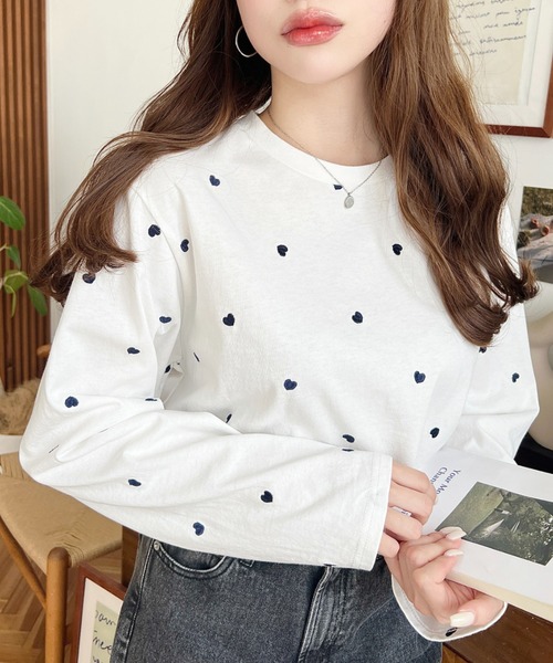 moment+ tシャツ 綿100%天竺. ハート刺繍ロングTシャツ レディース
