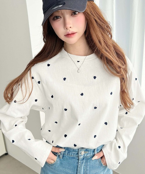 moment+ tシャツ 綿100%天竺. ハート刺繍ロングTシャツ レディース