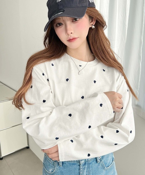 moment+ tシャツ 綿100%天竺. ハート刺繍ロングTシャツ レディース