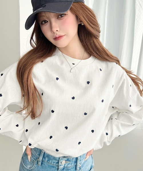 moment+ tシャツ 綿100%天竺. ハート刺繍ロングTシャツ レディース