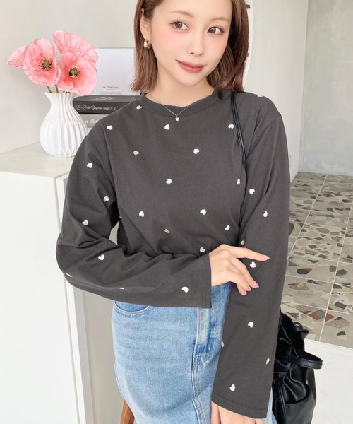 moment+ tシャツ 綿100%天竺. ハート刺繍ロングTシャツ レディース