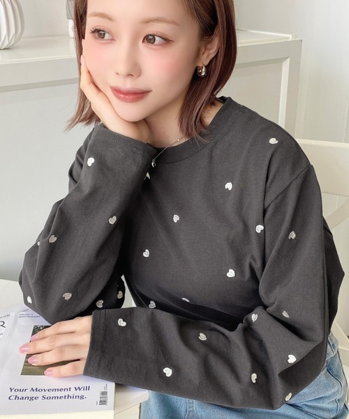 moment+ tシャツ 綿100%天竺. ハート刺繍ロングTシャツ レディース