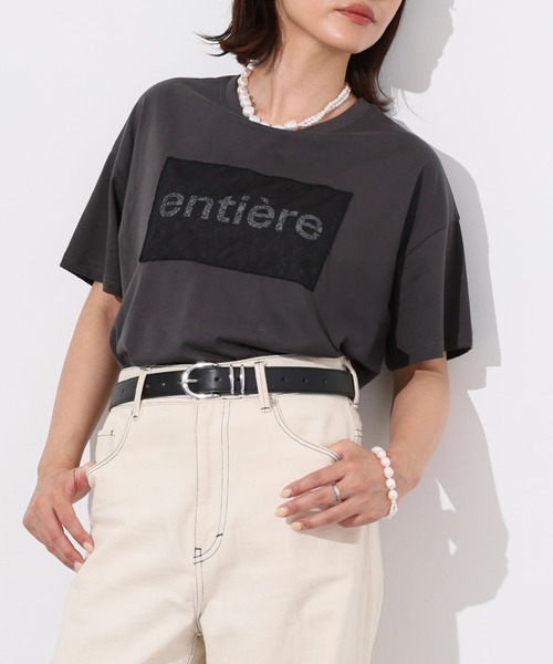 tシャツ レース重ねロゴプリント半袖Tシャツ レディース