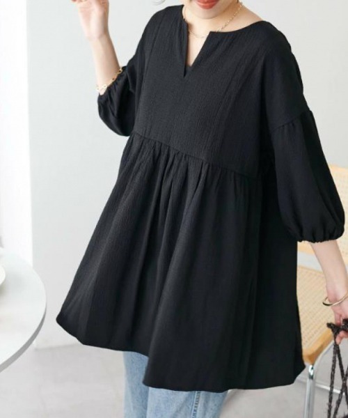 cammie ブラウス シャツ ヘンリーネックフレアチュニック レディース
