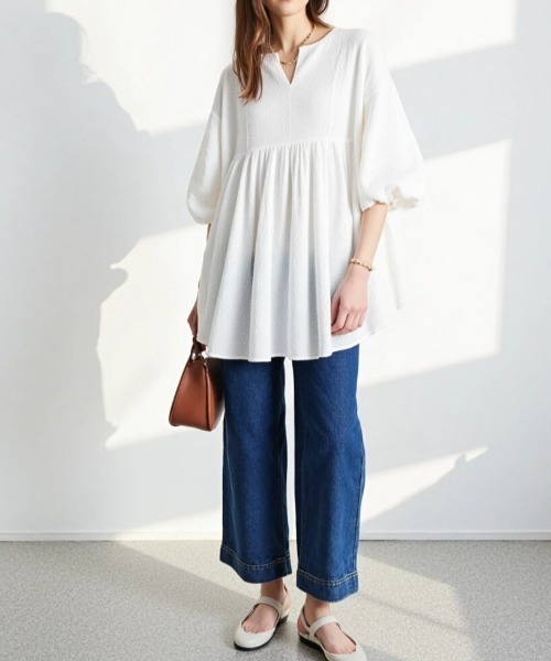 cammie ブラウス シャツ ヘンリーネックフレアチュニック レディース