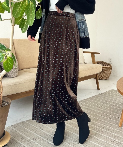 gunnies 花柄ベロアロングスカート ロング スカート 花柄ベロア ロングナロースカート : ZOZOTOWN Yahoo