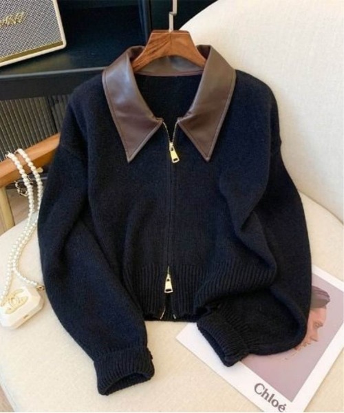 ブルゾン アウター ニット×レザー異素材ドッキングトップス レディース