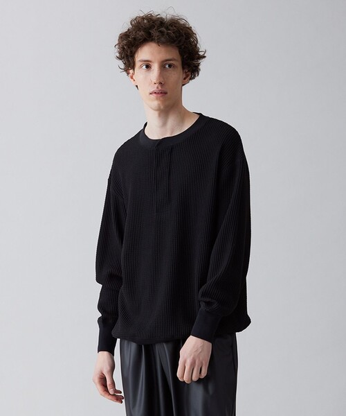 UNFILO tシャツ イージーケア ワッフル ヘンリーネック メンズ