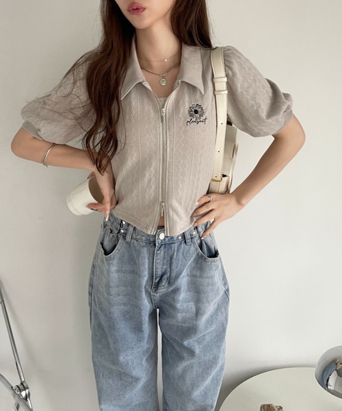tシャツ プレート付きダブルジップリブトップス レディース Ada. tシャツ ダブルジップ 襟付き パフスリ カットソー