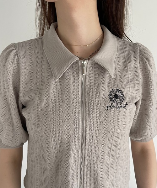 tシャツ プレート付きダブルジップリブトップス レディース Ada. tシャツ ダブルジップ 襟付き パフスリ カットソー