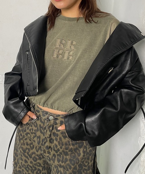 tシャツ ショート丈ナイロン切替長袖Tシャツ レディース