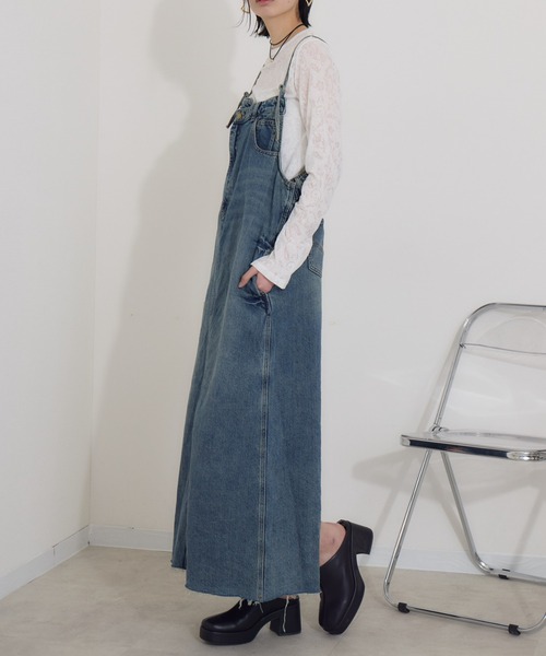 最終価格 ROPÉ 裾フリンジデニムワンピース サロペットスカート 日本製 38 最終価格 ROPÉ 裾フリンジデニムワンピース サロペットスカート