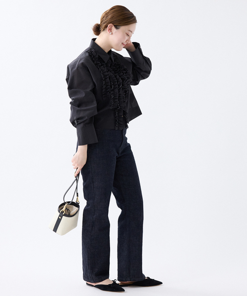 未使用級 イエナ 25SS シャツカラーフリルブラウス ブラック IENA ブラウス シャツ シャツカラーフリルブラウス レディース