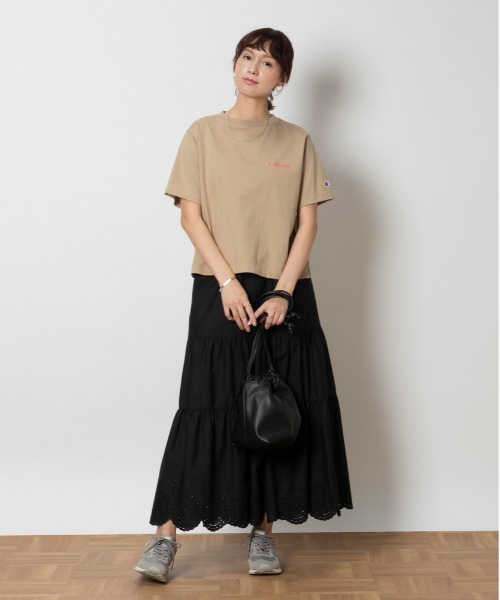 Champion Tシャツ レディース 半袖 ショート丈 クロップド クルーネック インナー ロゴ ワンポイント 綿100% スポーツ トレーニング 黒 Champion tシャツ 「Champion」ショート丈ロゴTシャツ