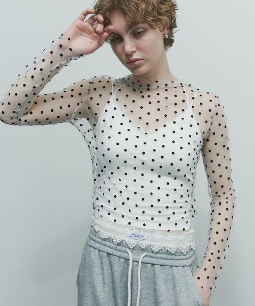 uyu. tシャツ クルーネックドットシアートップス レディース