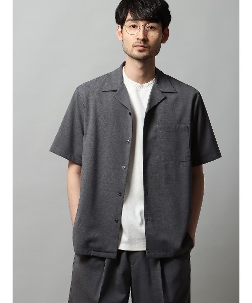 シャツ オープンカラーシャツ 半袖 ストレッチ ウールポリエステル
