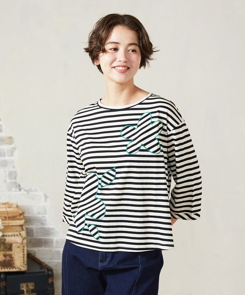 tシャツ シルケット天竺フラワーボーダーアップリケTシャツ レディース