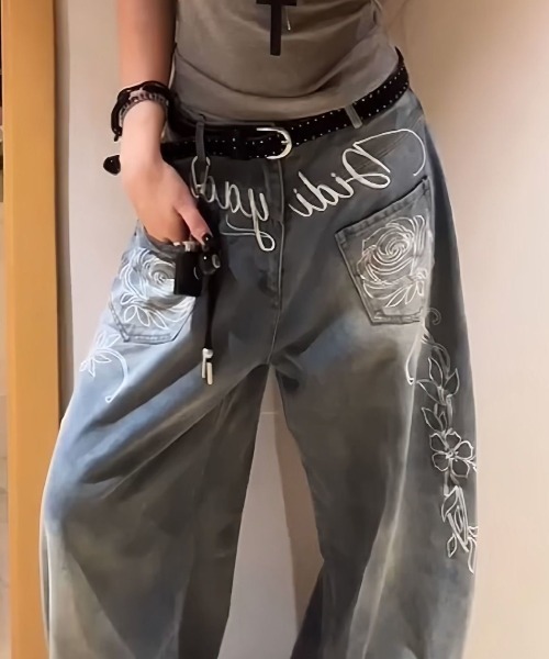 DIAVEL ジーンズ デニム デニムパンツ 「新色追加」フラワー刺繍ワイド