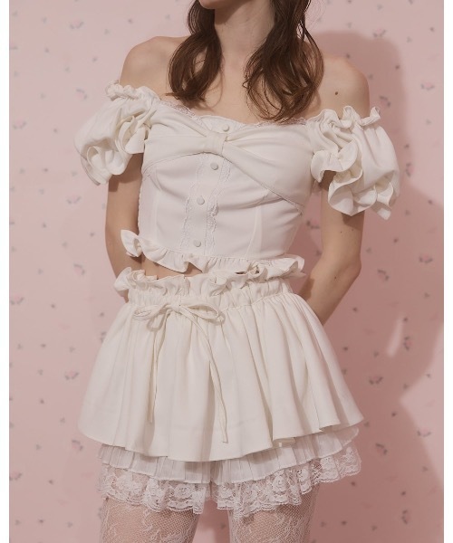 Bibiy レース パフスリーブ トップス リボン lilLilly（リルリリー） tシャツ 半袖 パフスリーブリボントップス